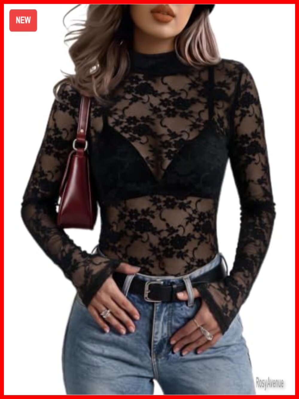 Sheer Mesh Long Sleeve Top Slim Fit High Neck Blouse